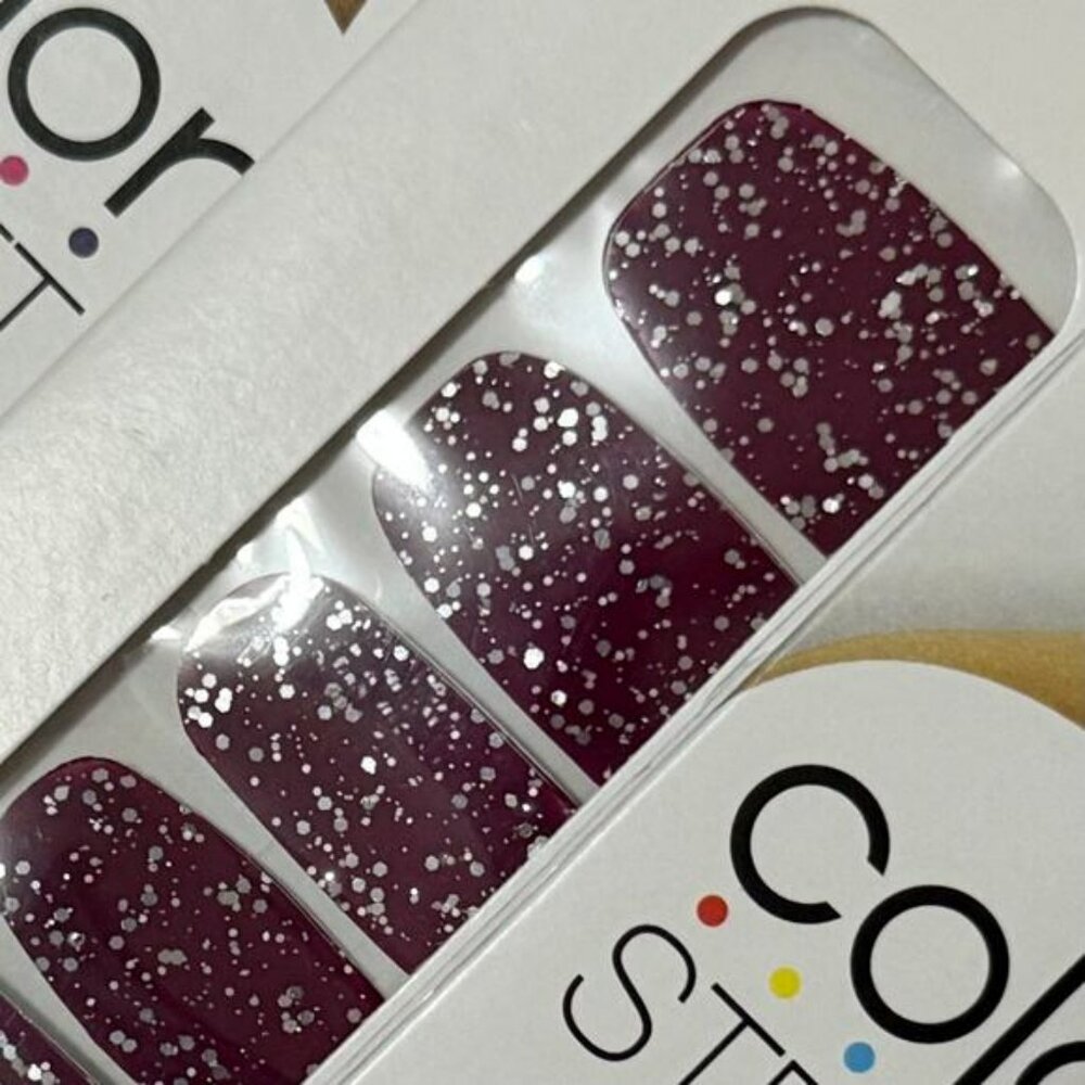 New Color Street “Wine Down” Deep Purple-Red with Silver Glitter Nail Strips